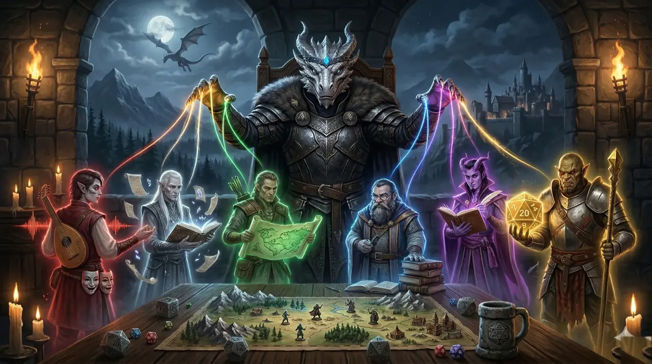 The Architect commands seven AI directors around a battle map table